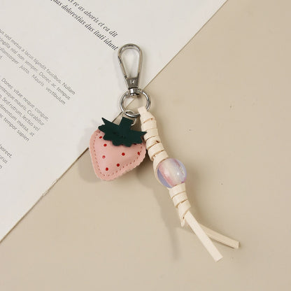 Keypus - Strawberry Beaded PU Bag Charm Keychain