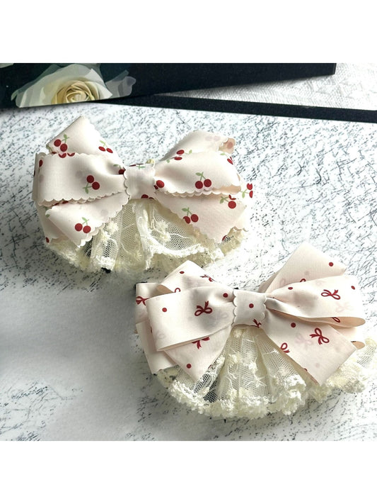 Beau - Cherry Print Bow Lace Trim Spring Hair Clip