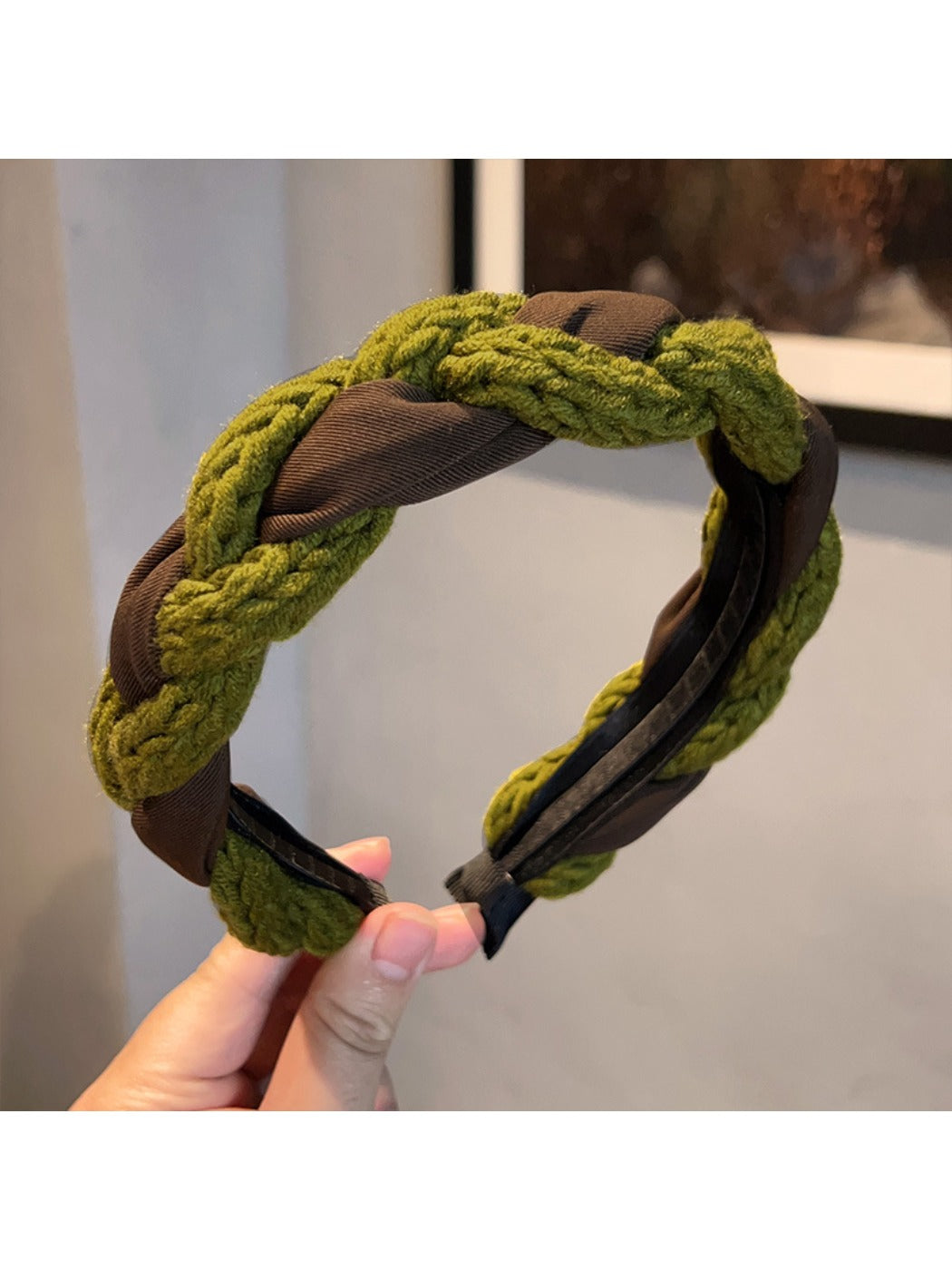 Side view of vintage knitted twist headband showing textured knit pattern
