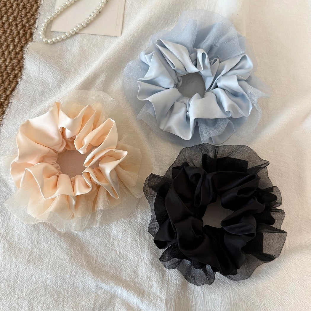 Gifty - Ruffled Mesh Satin Double-Layer Scrunchie