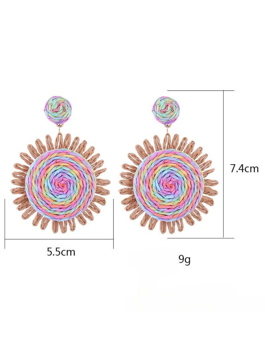 Earedge raffia round earrings displayed on a wooden surface