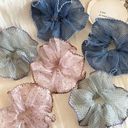 Gifty - Plaid Mesh Ruffle Edge Polyester Scrunchie
