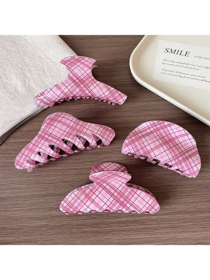 Side view of Beau pink plaid hair claw clip highlighting clasp mechanism