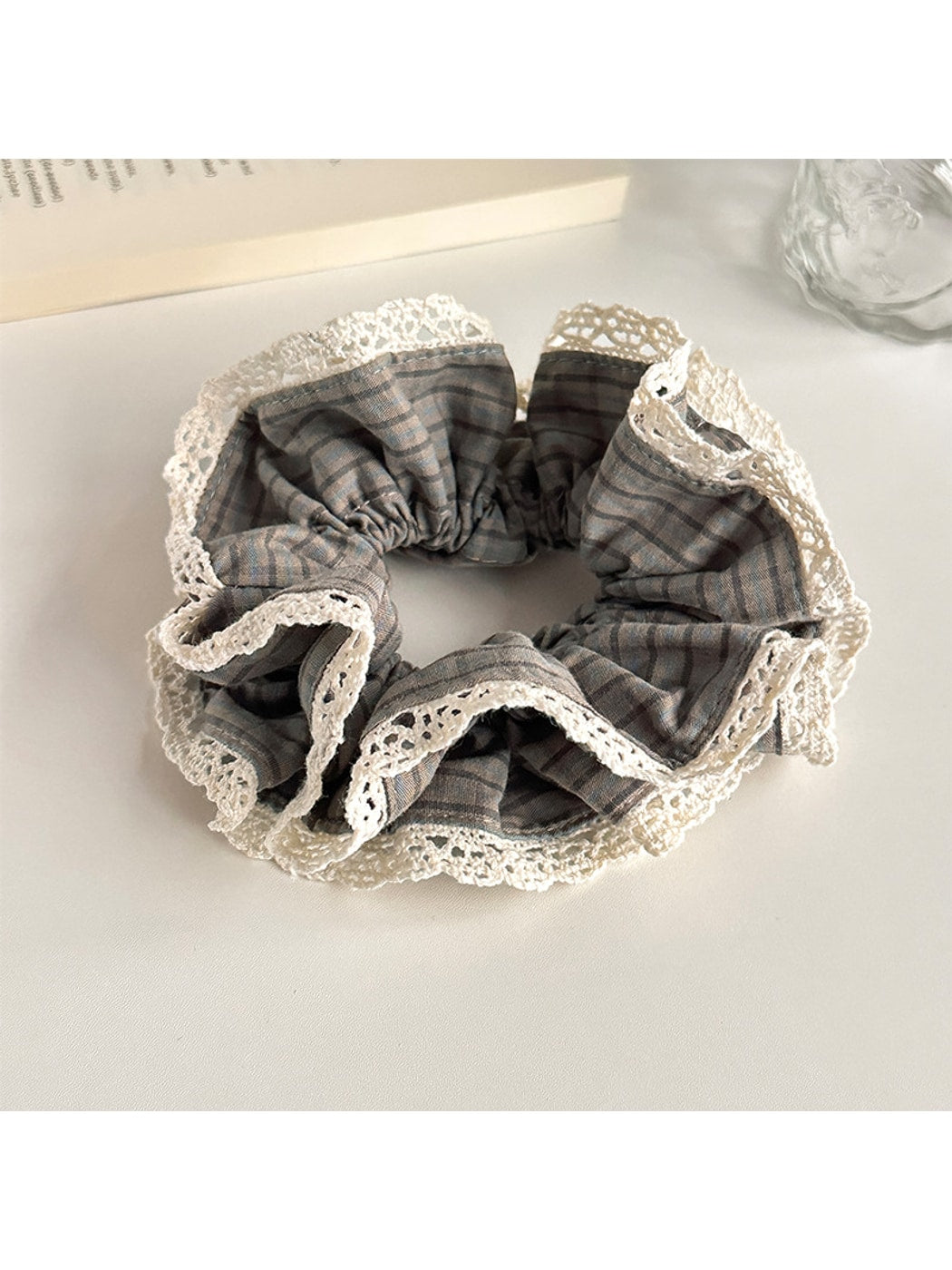 Gifty - Plaid Lace Trim Polyester Fabric Scrunchie