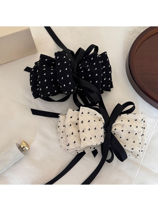 Beau - Heart Print Layered Bow Ribbon Banana Clip