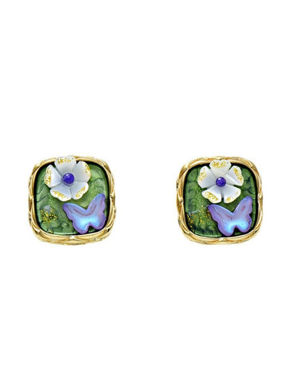Earedge - Inlaid Floral Square Stud Earrings