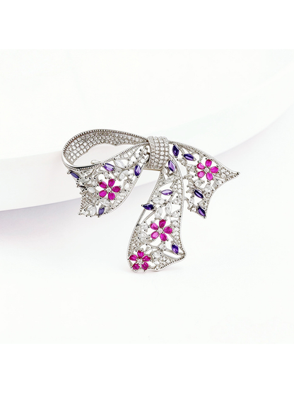 Brovia - Elegant Bow Detail Silver Tone Brooch