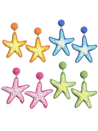Close-up of a single Starfish Raffia Woven Stud Earring on a white background