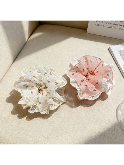 Gifty - Floral Lace Trim Wide Scrunchie Hair Tie