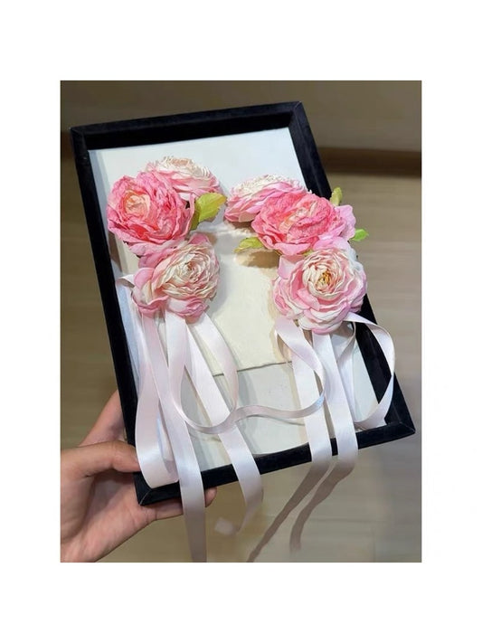 Beau Sweet Lifelike Flower Ribbon Hair Clip with pink and white fabric flowers