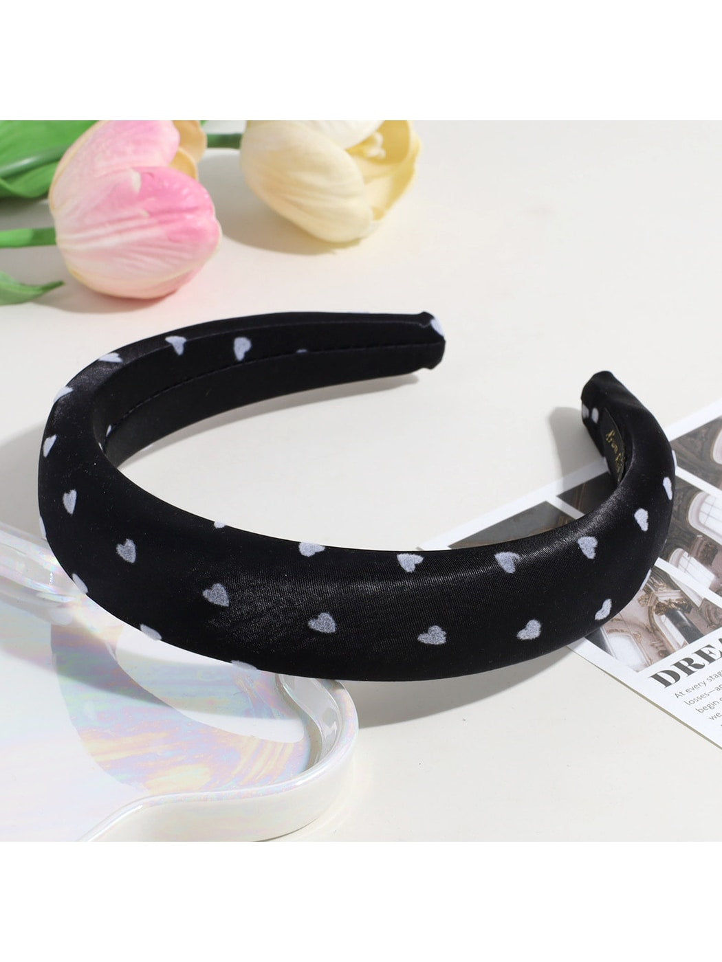 Gifty - Heart Print Satin Look Padded Fabric Headband