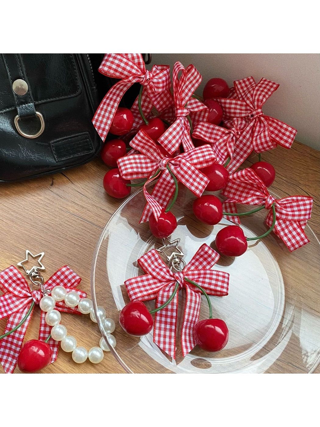Keypus - Cherry Bow Bag Charm Keychain with Lace Detail