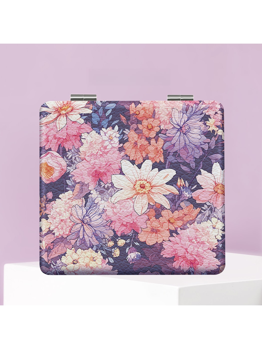 Mirroray - Floral Print PU Folding Makeup Mirror
