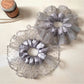 Close-up of gray mesh fabric with black polka dots on scrunchie