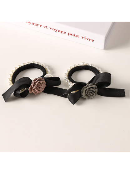 Gifty - Beaded Bow Camellia Ponytail Hair Tie