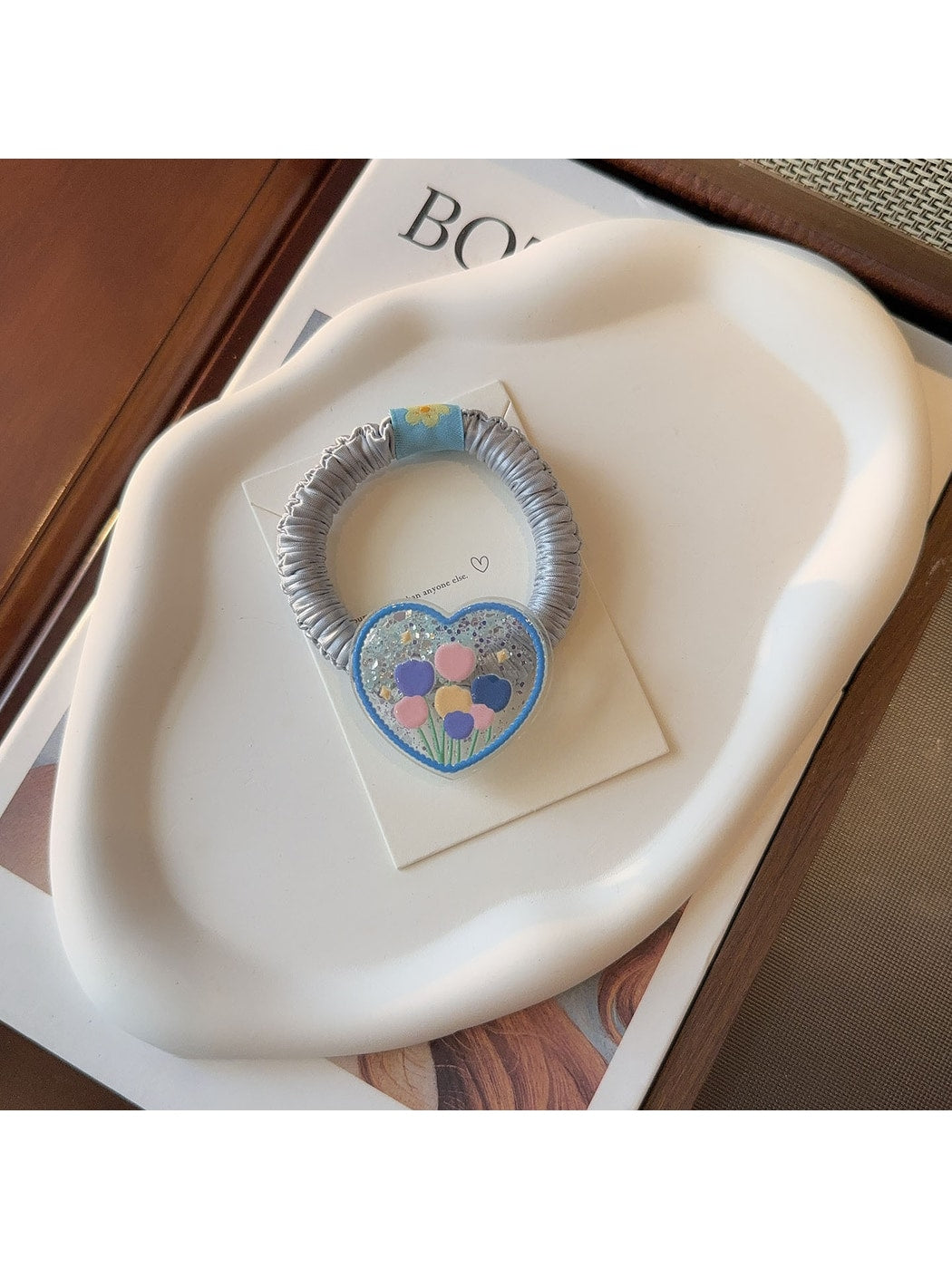 Gifty - Floral Print Heart Detail Elastic Hair Tie