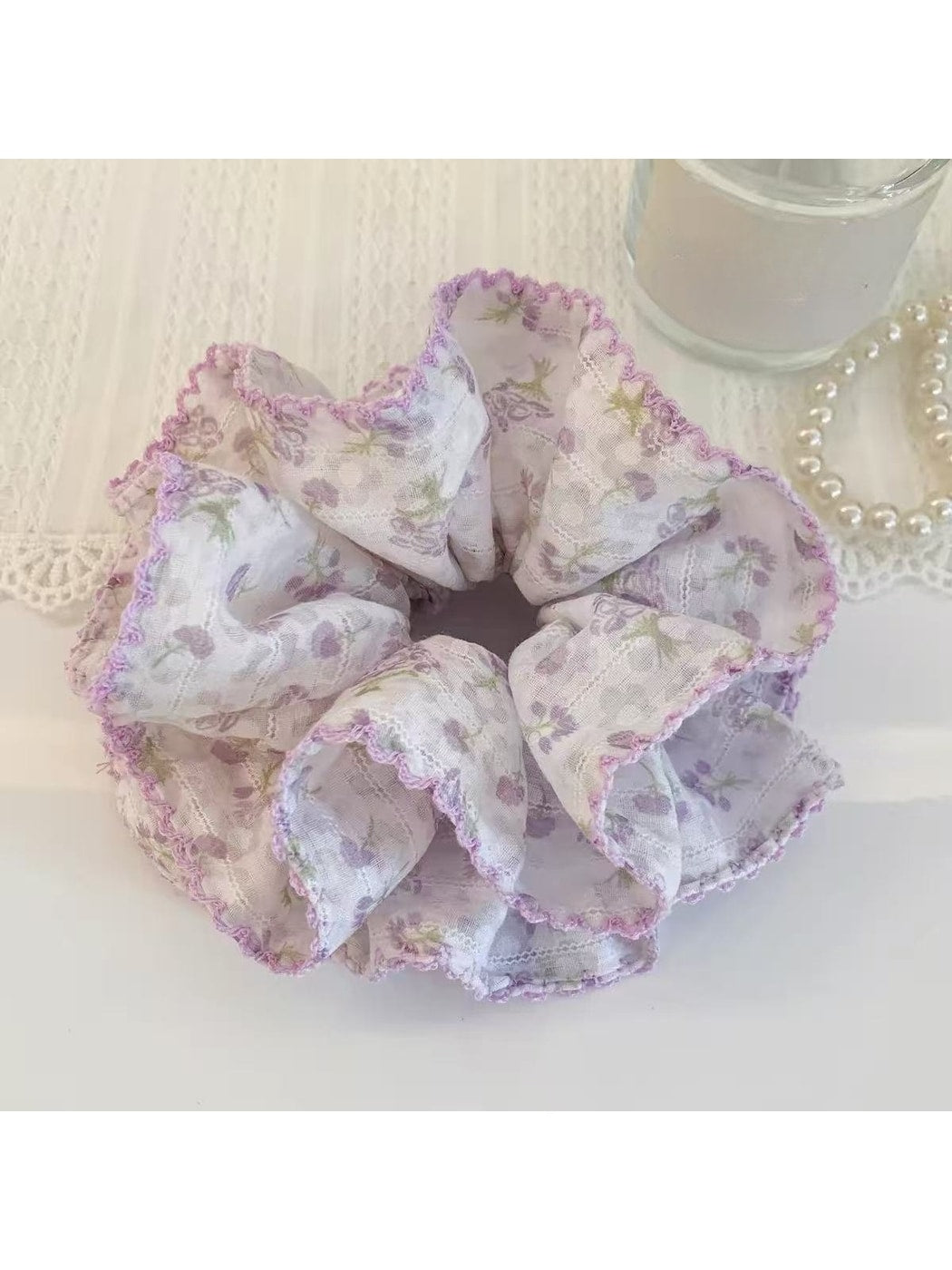 Gifty - Lavender Double Layer Floral Print Polyester Scrunchie