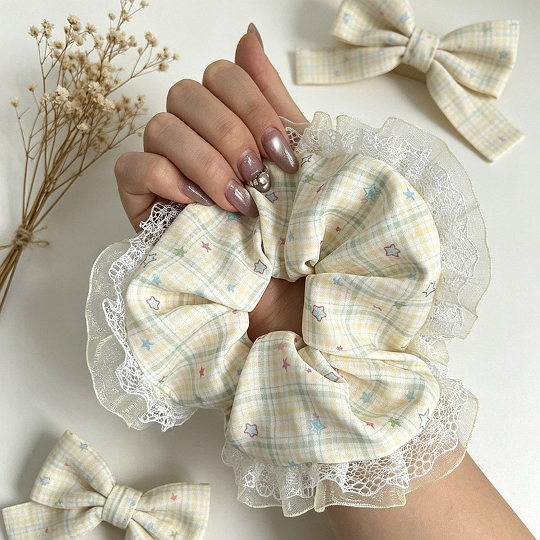 Gifty - Pastel Star Pattern Lace Edge Ponytail Scrunchie