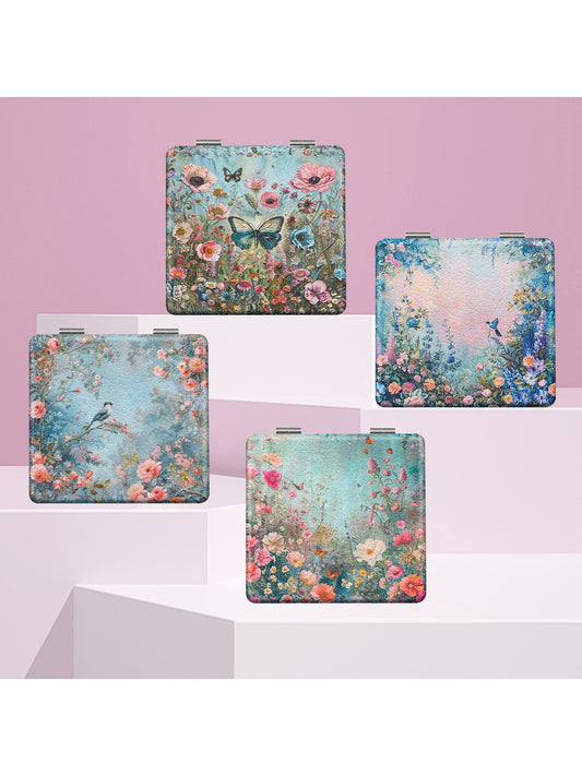 Mirroray - Foldable Floral Print Glass Makeup Mirror