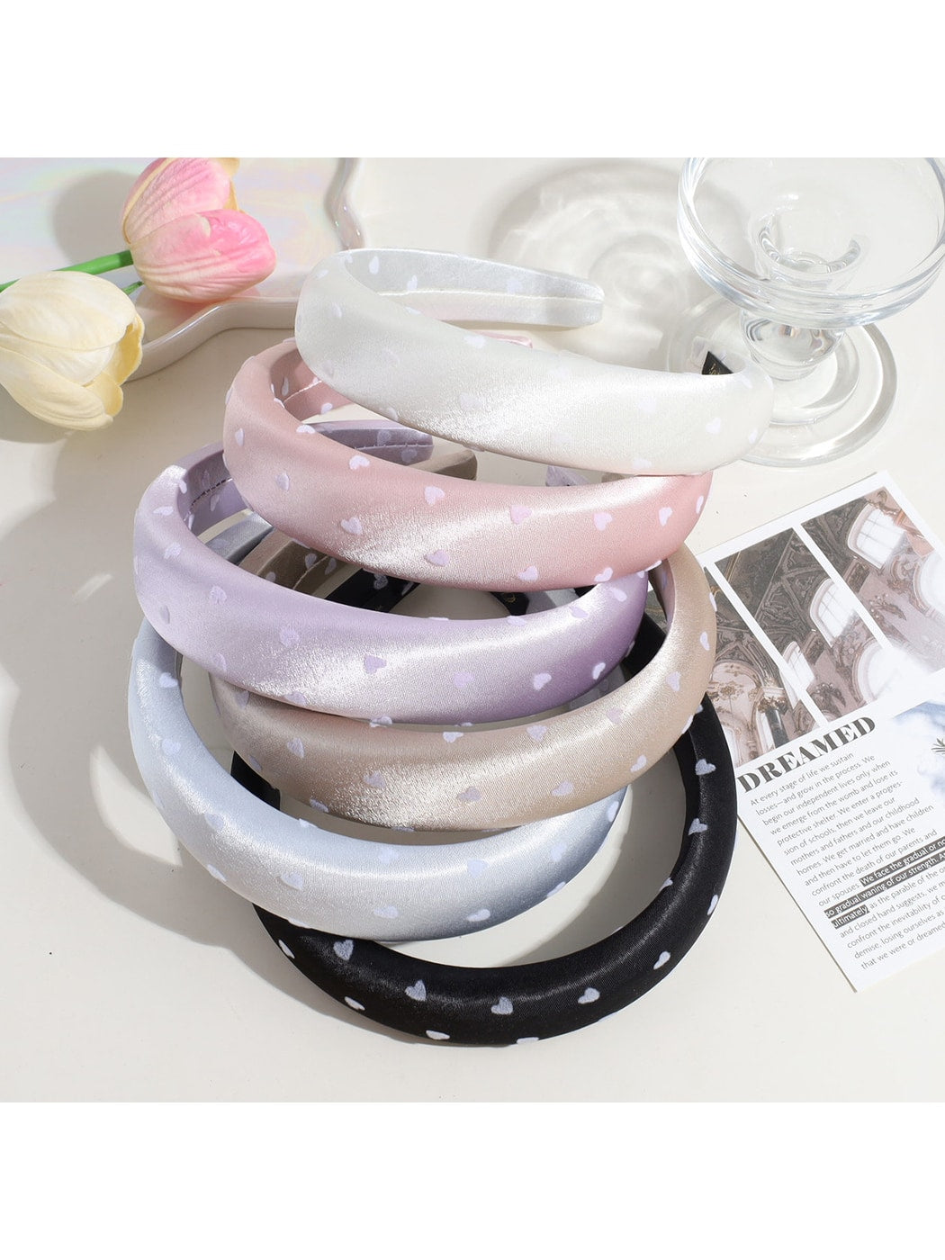 Gifty - Heart Print Satin Look Padded Fabric Headband