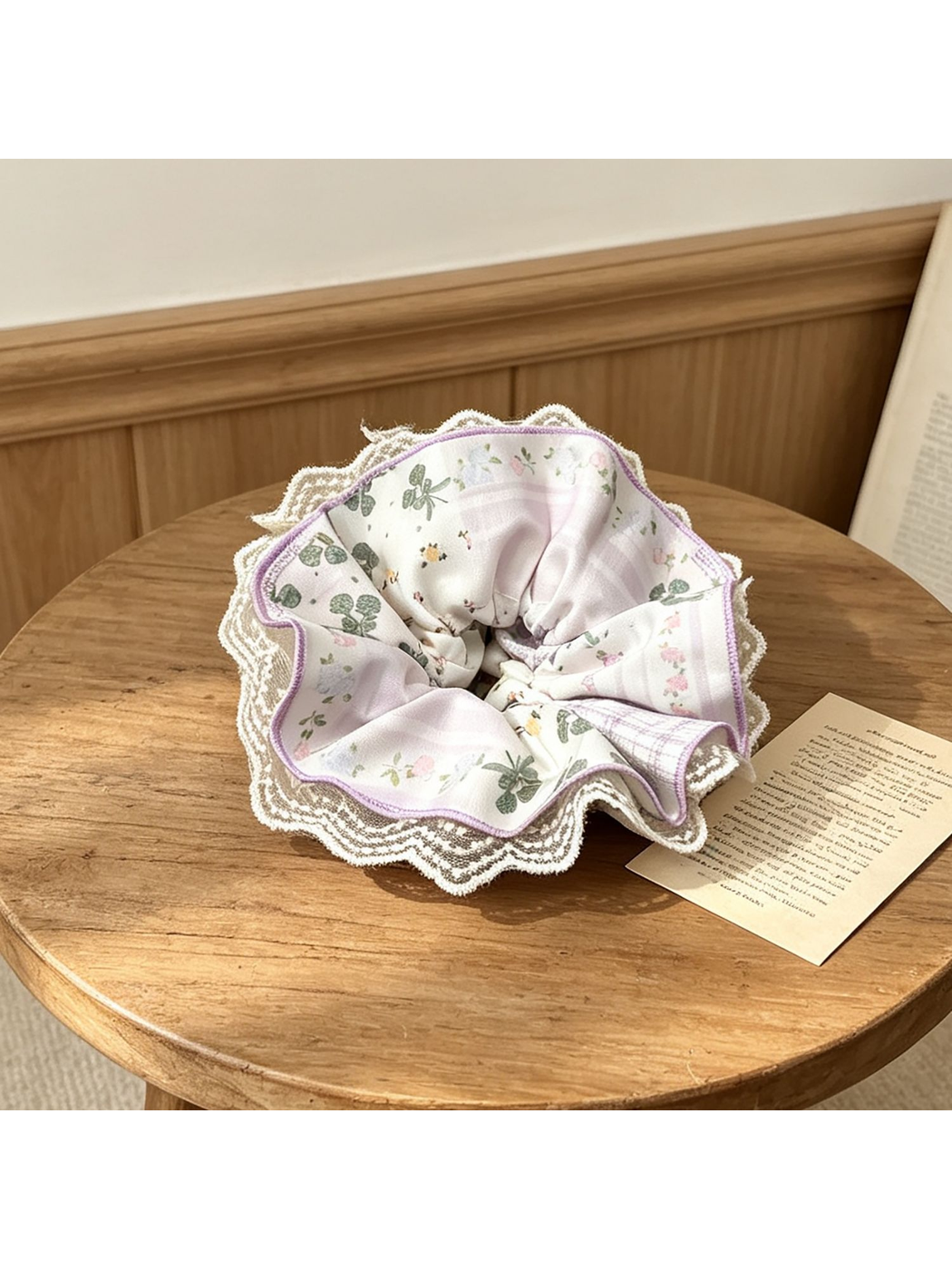 Gifty - Floral Lace Trim Oversized Ruffle Scrunchie
