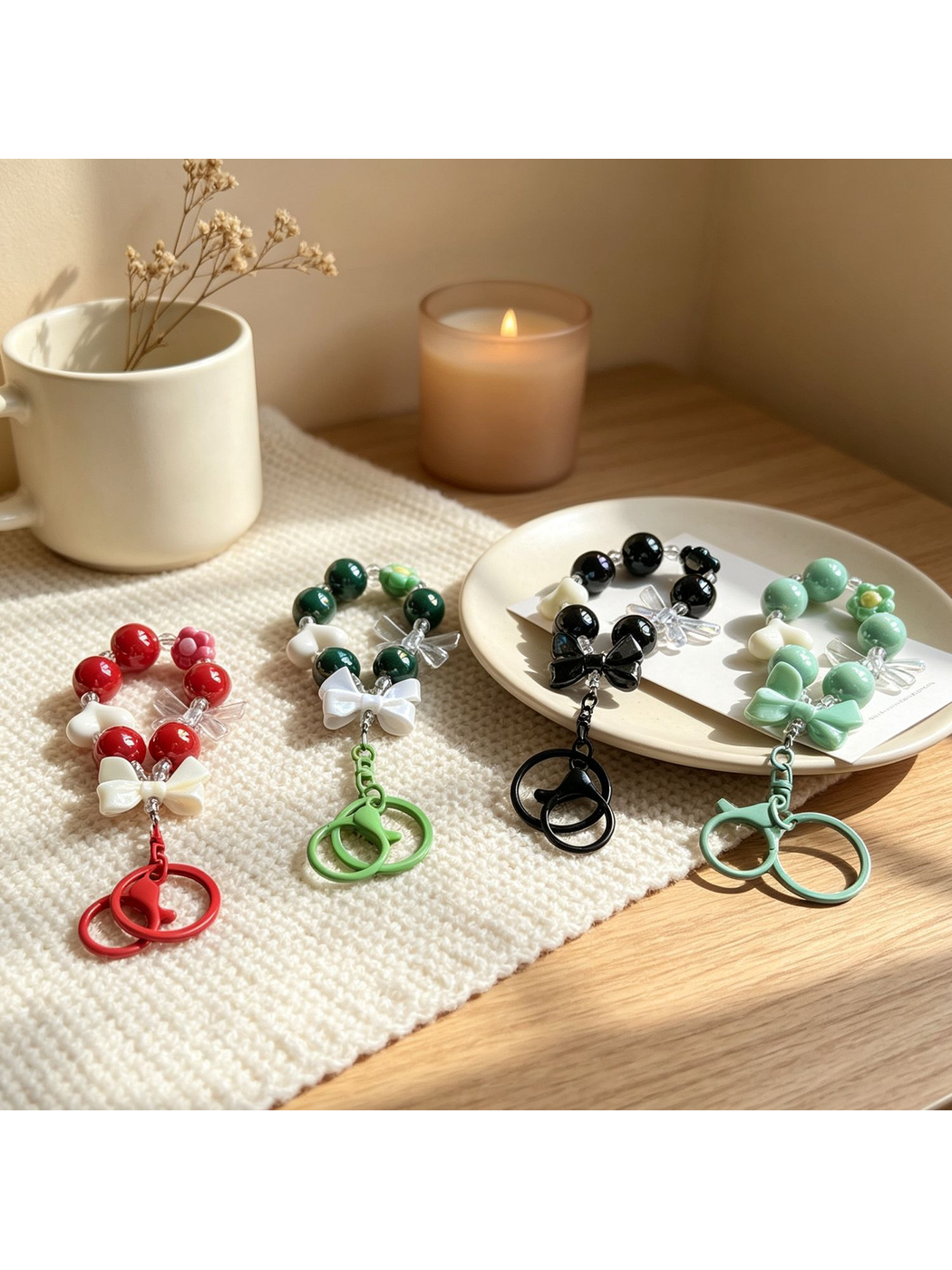Keypus - Colorful Heart Bow Beaded Keychain Charm