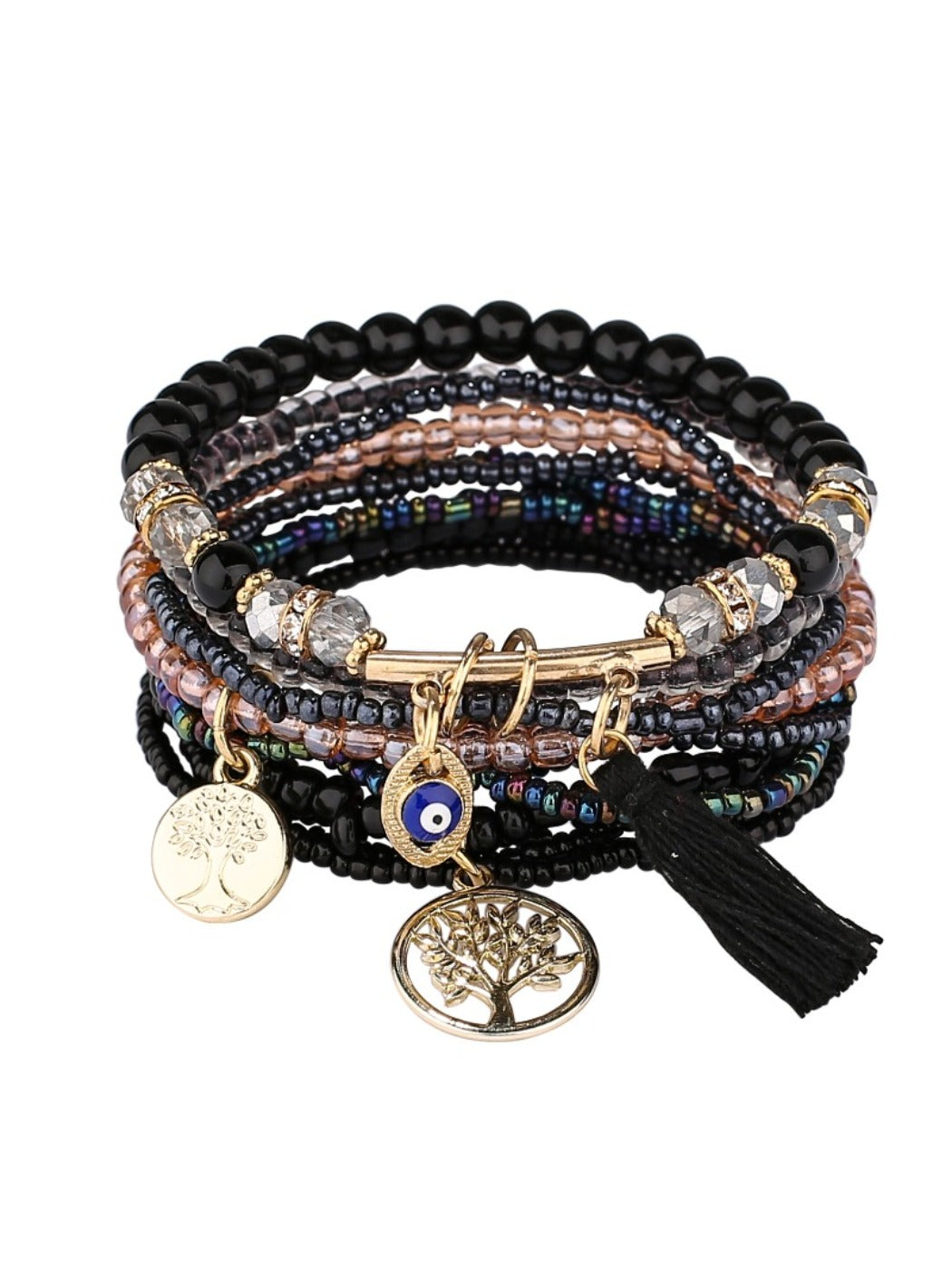 Lovra bracelets displayed on a wooden surface highlighting bead texture and colors