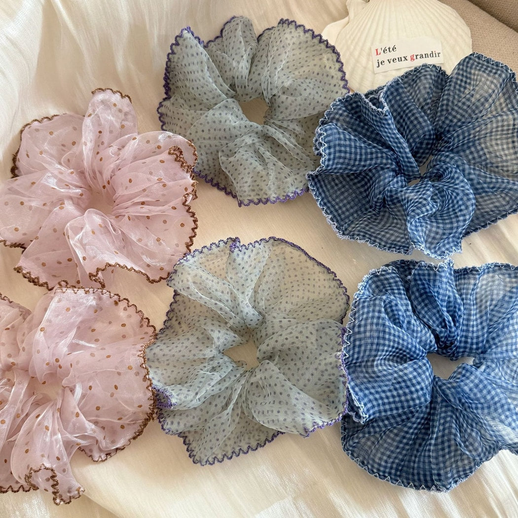 Gifty - Plaid Mesh Ruffle Edge Polyester Scrunchie