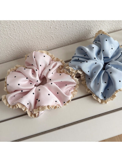 Close-up of Gifty sweet polka dot lace trim scrunchie in soft fabric