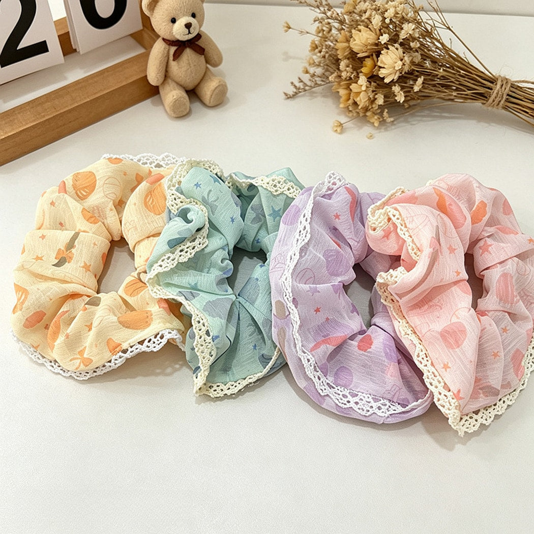 Gifty - Lace Trim Print Polyester Scrunchie