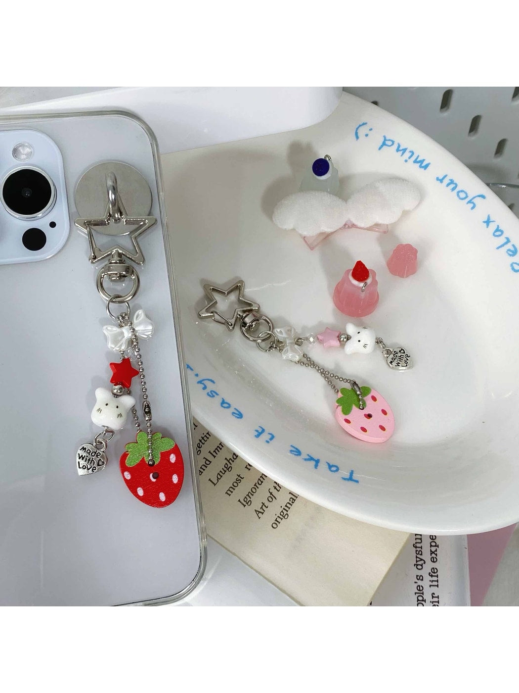 Keypus - Strawberry Beaded Button Style Bag Charm Keychain