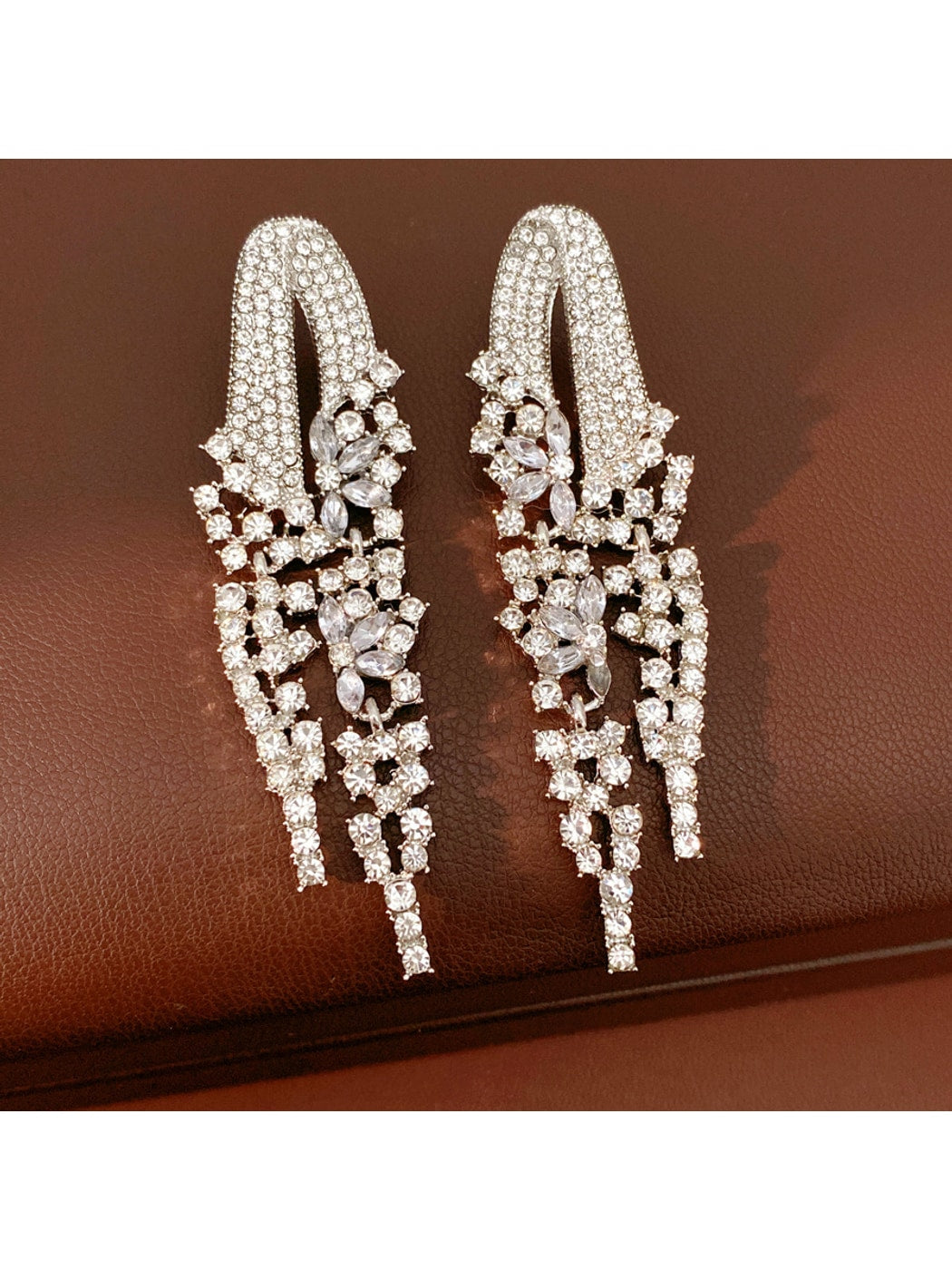 Earedge - Geometric Rhinestone Tassel Dangle Stud Earrings