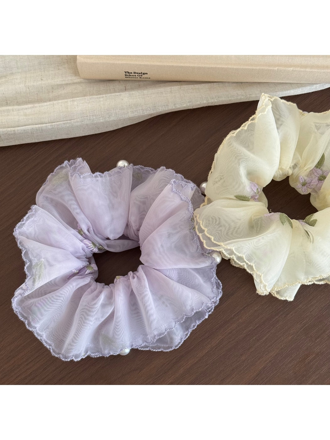 Gifty - Embroidered Sheer Ruffled Floral Scrunchie
