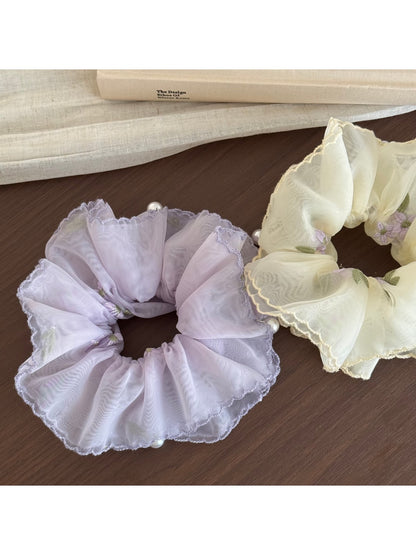 Gifty - Embroidered Sheer Ruffled Floral Scrunchie