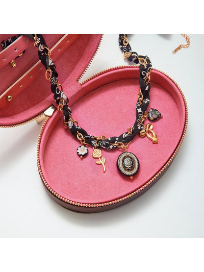 Earedge - Floral Patterned Cord And Chain Necklace