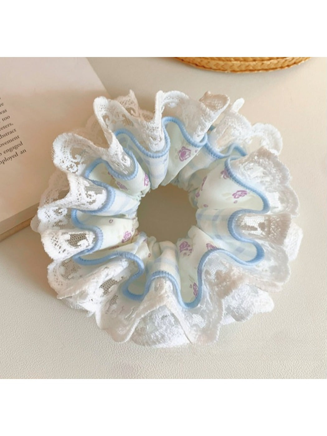 Side view of Gifty double layer tiny floral lace scrunchie highlighting lace details