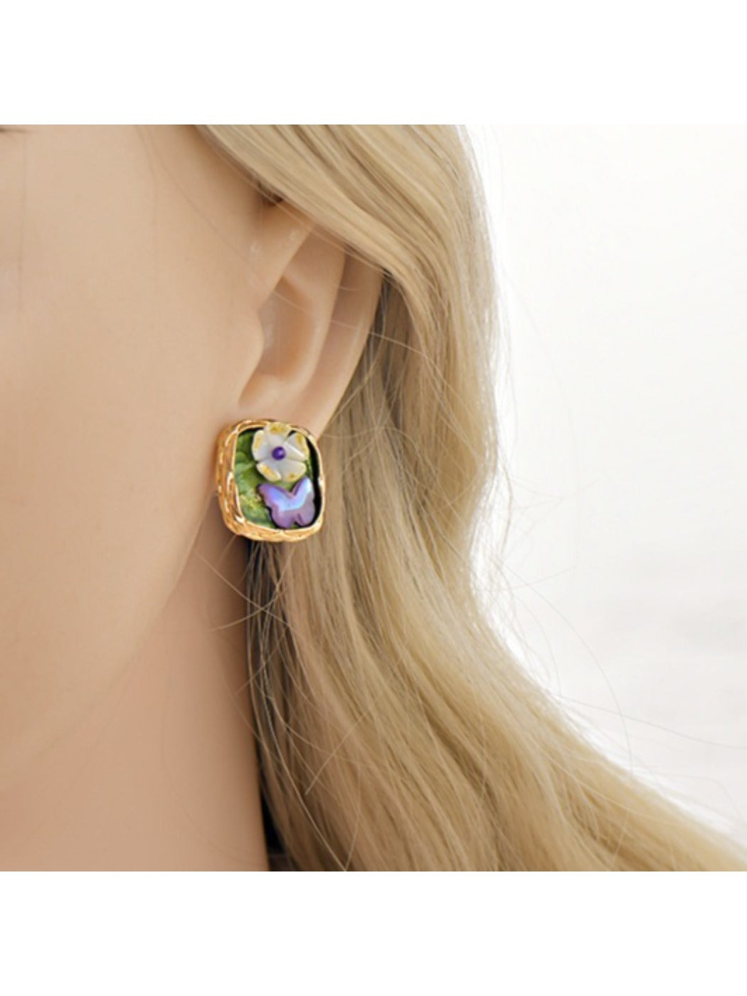 Earedge - Inlaid Floral Square Stud Earrings