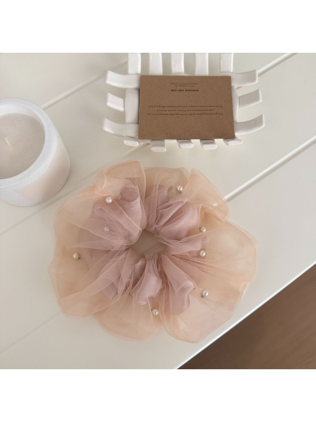 Gifty - Mesh Ruffle Beaded Detail Hair Scrunchie