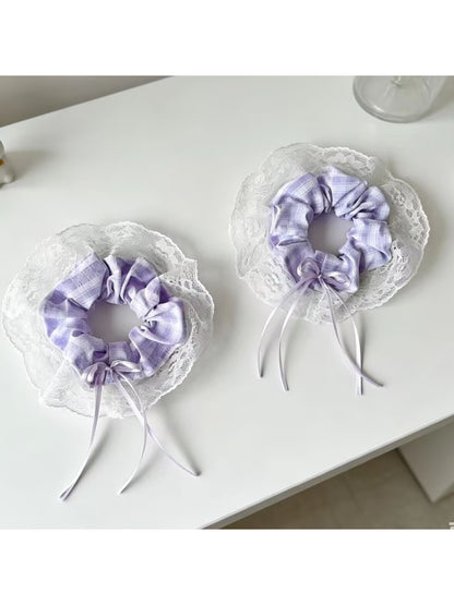 Gifty - Purple Checked Lace Frill Bow Detail Scrunchie