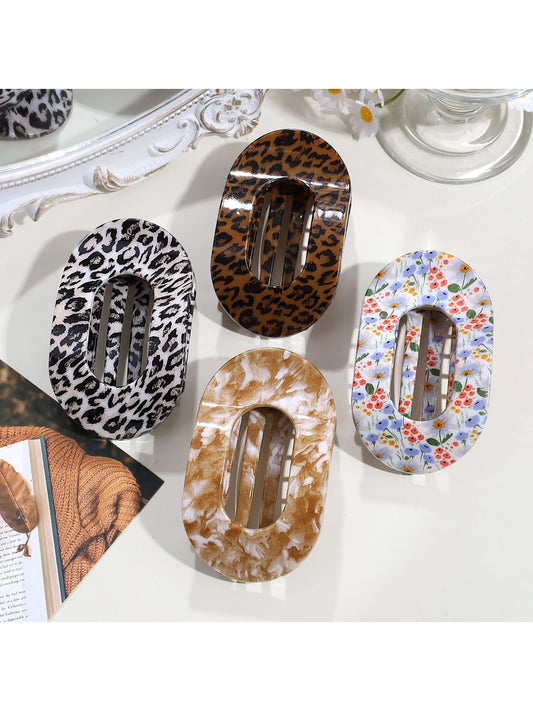 Beau - Floral Print Flat Oval Spring Claw Clip
