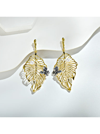 Earedge - Elegant Openwork Leaf Shaped Drop Earrings