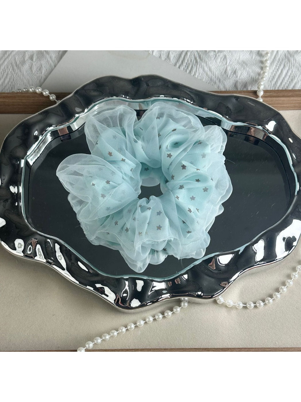 Gifty - Blue Sheer Star Mesh Ruffled Hair Scrunchie