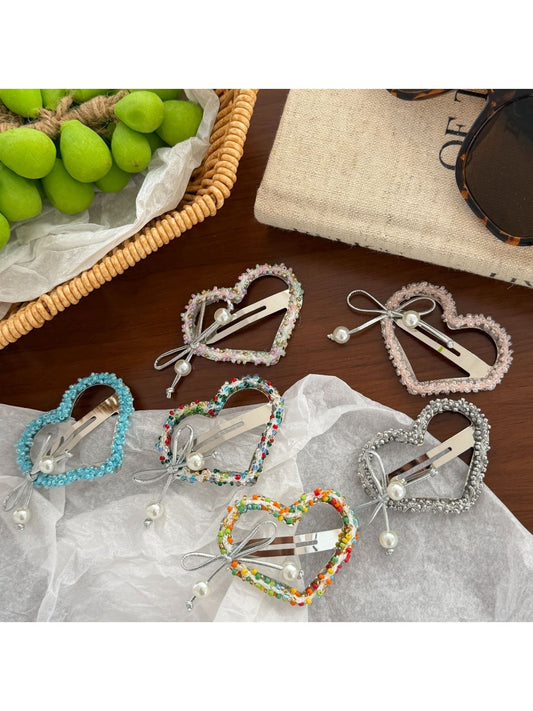 Beau - Heart Bow Beaded Front Hair Clip