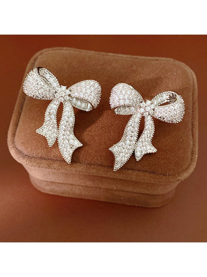 Earedge - Synthetic Zircon Bow Stud Earrings Pair