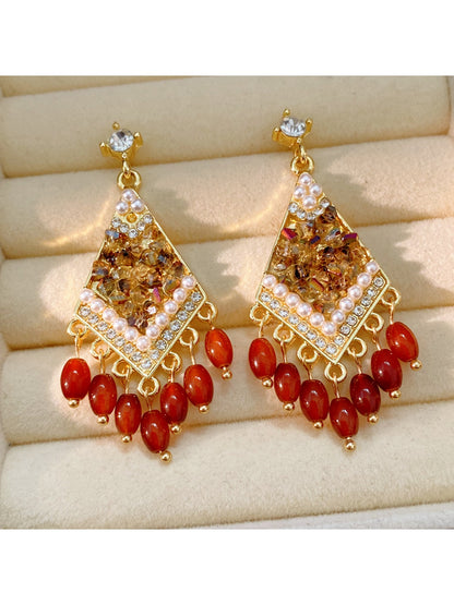 Earedge - Geometric Rhinestone Tassel Dangle Earrings