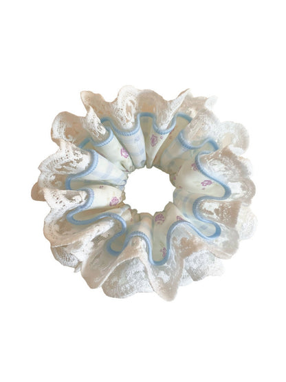Top view of Gifty floral lace scrunchie showing layered design and floral pattern