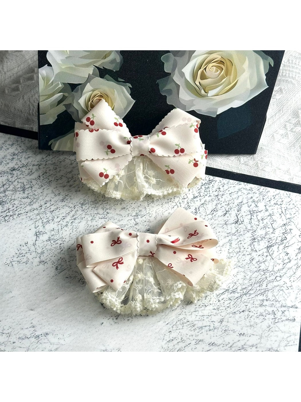 Beau - Cherry Print Bow Lace Trim Spring Hair Clip