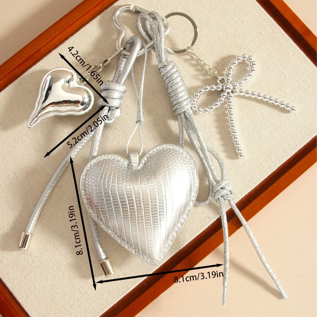 Keypus - Silver Heart Bow Woven Cord Bag Charm Keychain