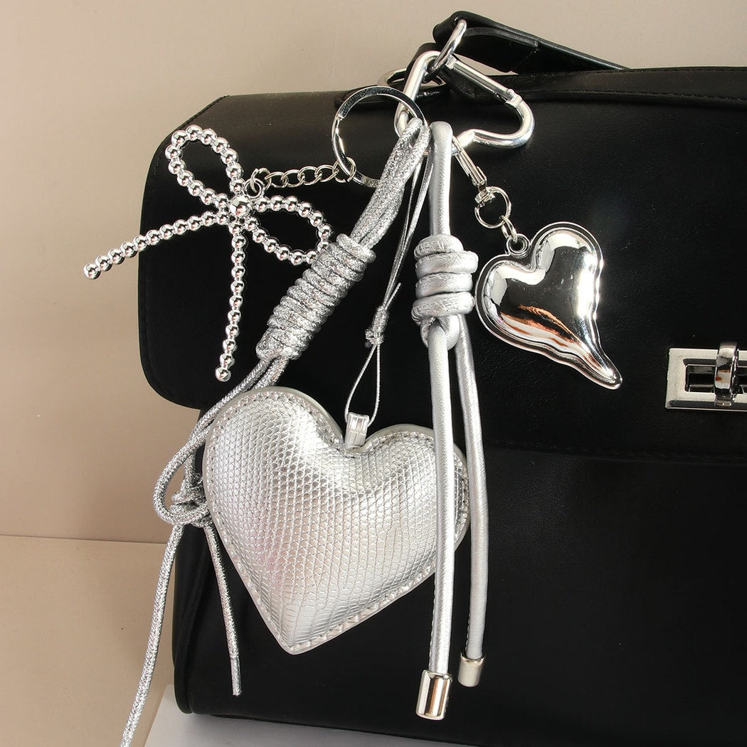 Keypus - Silver Heart Bow Woven Cord Bag Charm Keychain