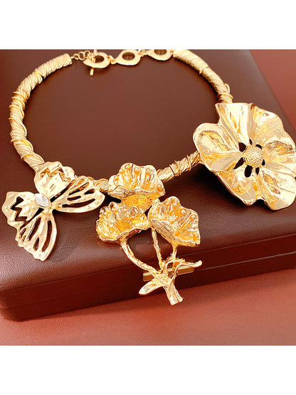 Nozari - Alloy Flower Butterfly Clavicle Chain Necklace
